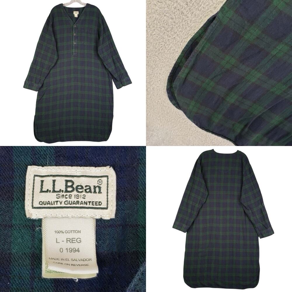 Vintage LL Bean Sleep Shirt Men’s Size Large Blue Plaid Flannel LS Cotton